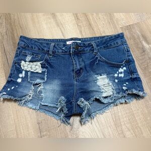 Distressed Denim Shorts With Embroidery